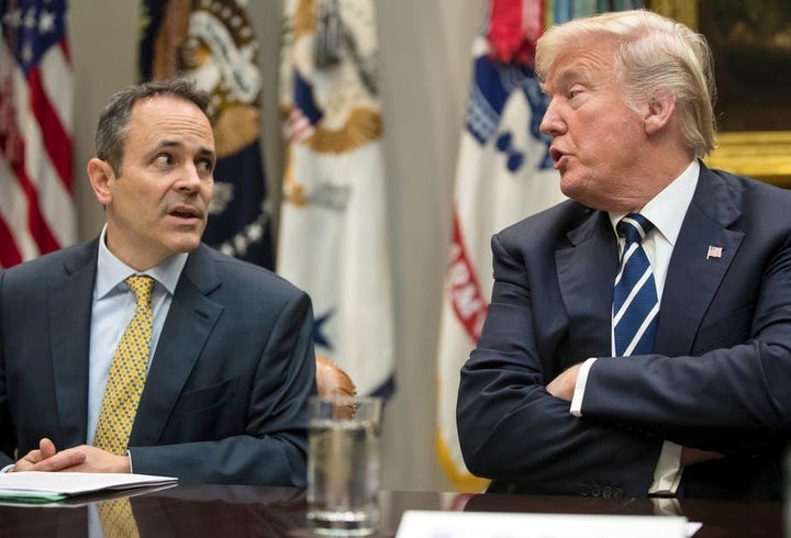 Kentucky Gov. Matt Bevin with President Trump on Jan. 11, 2018, a day before Trump gave the go-ahead for Medicaid work requir