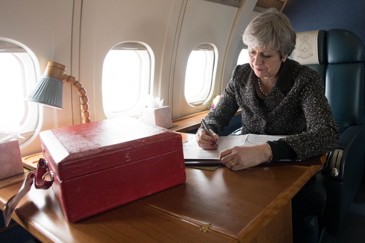Theresa May on her flight to Cardiff after visiting Scotland and Northern Ireland.