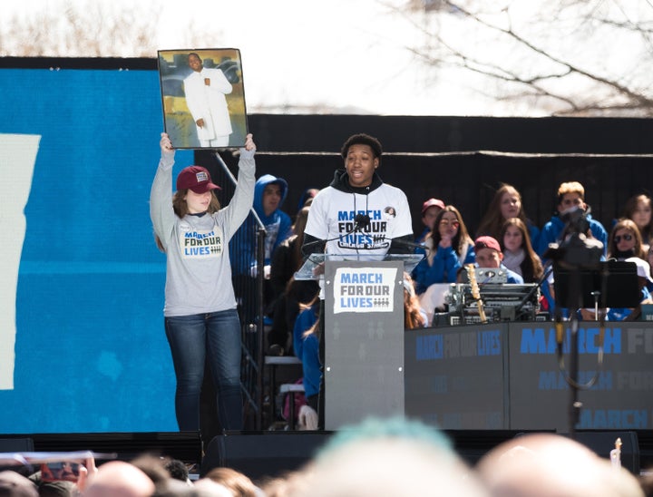 Trevon Bosley speaks during March For Our Lives on March 24, 2018 in Washington. Bosley's brother Terrell, in the photo