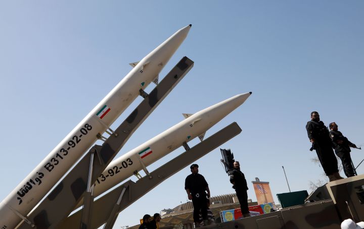 Zolfaghar missiles are displayed during a rally in Tehran on June 23, 2017. The short-range ballistic missiles are claimed to have an accurate range up to 435 miles.