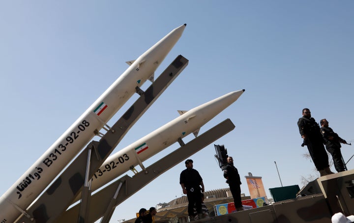 Zolfaghar missiles are displayed during a rally in Tehran on June 23, 2017. The short-range ballistic missiles are claimed to have an accurate range up to 435 miles.