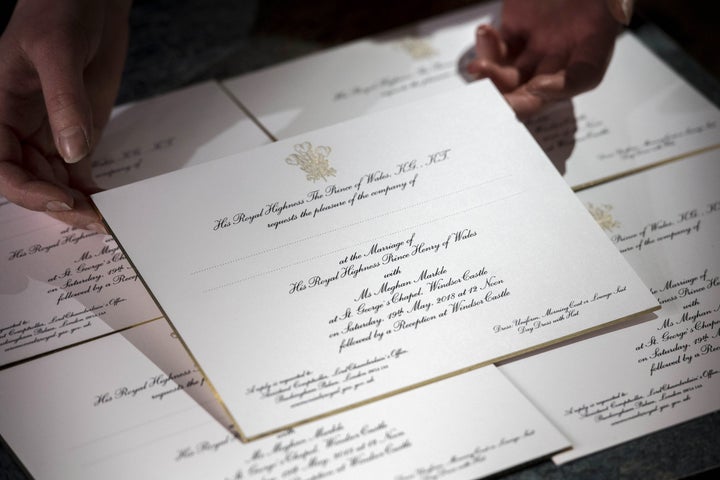 Invitations for the wedding of Prince Harry and Meghan Markle are shown on March 22 after they were printed at the workshop of Barnard & Westwood in London.