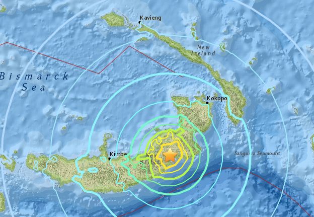 A powerful earthquake struck off an island near Papua New Guinea one month after a pair of deadly earthquakes shook the country.