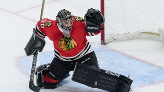 CHICAGO, IL - MARCH 29: Chicago Blackhawks goalie Scott Foster (90), serving as emergency goalie after signing a one day amateur tryout (ATO) contract, makes a save in the 3rd period during an NHL hockey game between the Winnipeg Jets and the Chicago Blackhawks on March 29, 2018, at the United Center in Chicago, IL. The Blackhawks won 6-2. (Photo by Daniel Bartel/Icon Sportswire via Getty Images)