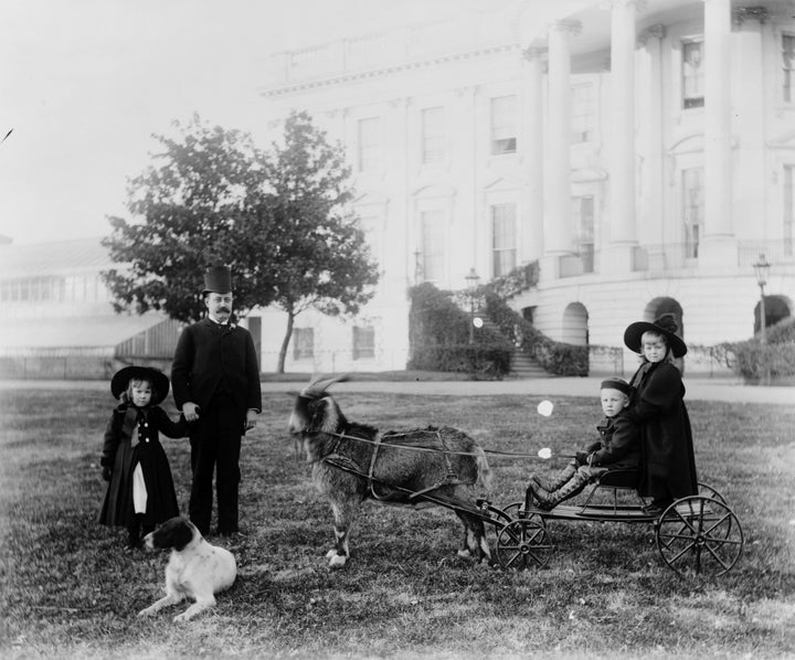 President Harrison's son, Russell, outside the White House with his children and family pets.