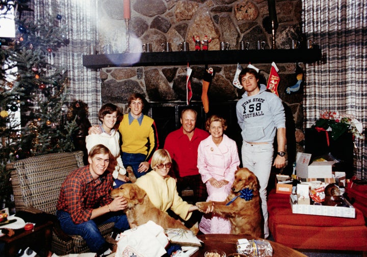 The Ford family celebrating Christmas in 1976 with Liberty and Misty. 