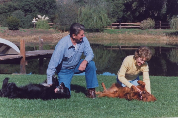 The Reagans play with dogs at their ranch in 1982.