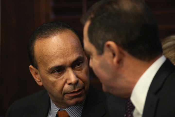 Rep. Luis Gutiérrez, who is retiring, speaks to Jesús "Chuy" García at a Nov. 28 press conference. Gutiérrez immediately endorsed García in the race to succeed him.