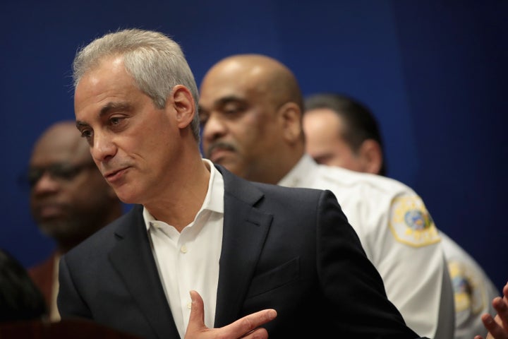 Chicago Mayor Rahm Emanuel speaks at a press conference in March. García challenged Emanuel's re-election bid in 2015, forcing an unprecedented runoff that Emanuel won.