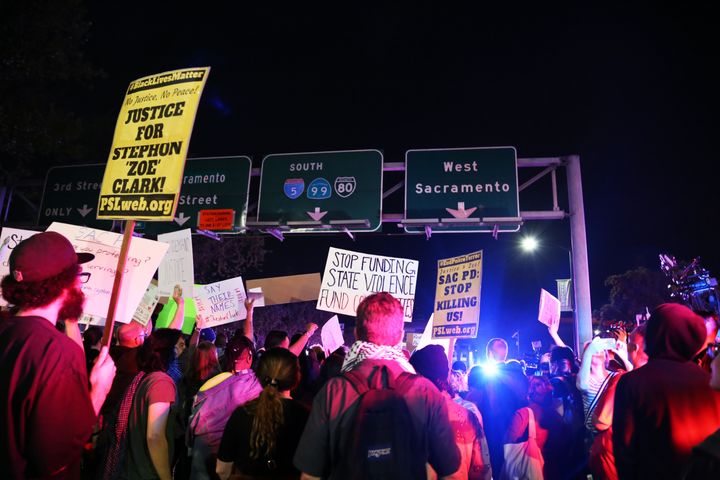 Protesters block entrance to freeways on Friday night in Sacramento.