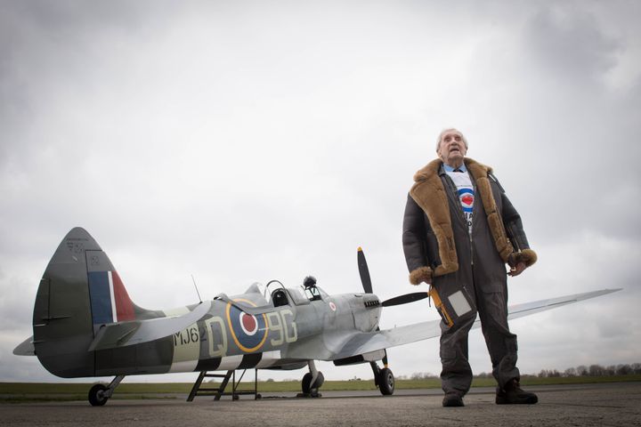 Former Spitfire pilot Squadron Leader Allan Scott, 96, prepares to fly as a passenger in a Spitfire as part of the RAF100 commemorations at Biggin Hill Airport in Kent.