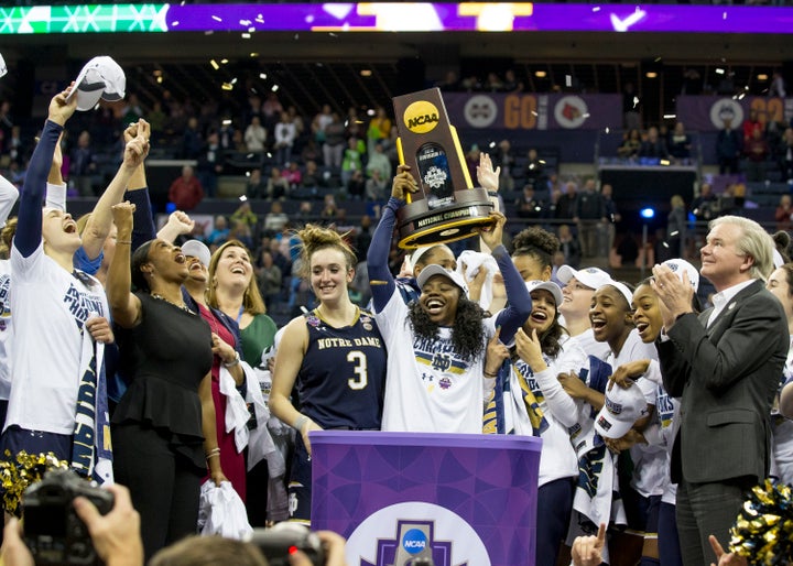 Ogunbowale celebrating Notre Dame's National Championship win.