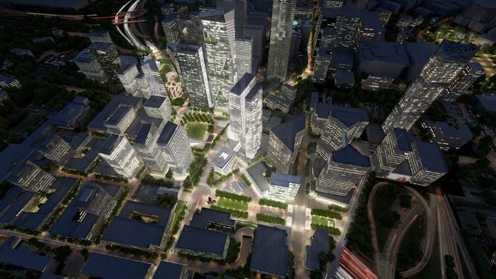 The Stitch is a $300 million proposed project that would cover portions of the Interstate 75/ Interstate 85 connector that currently creates a 14-lane gash through Atlanta’s downtown. This artist’s rendering illustrates how the proposed project would include parks, a rebuilt transit station and land for new development winding through downtown. The highways can be seen emerging from tunnels on either end.