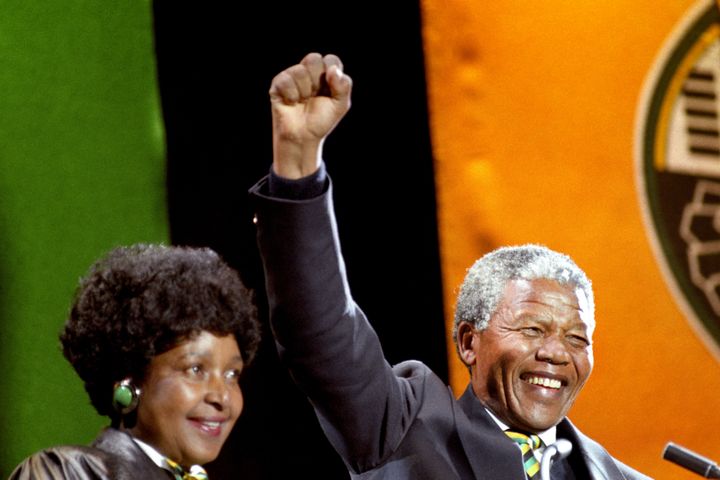 Winnie and Nelson Mandela at a concert in his honour at Wembley Stadium in 1990.