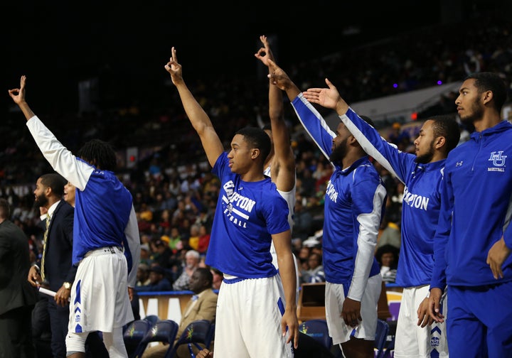 Hampton Pirates players celebrate during a game.