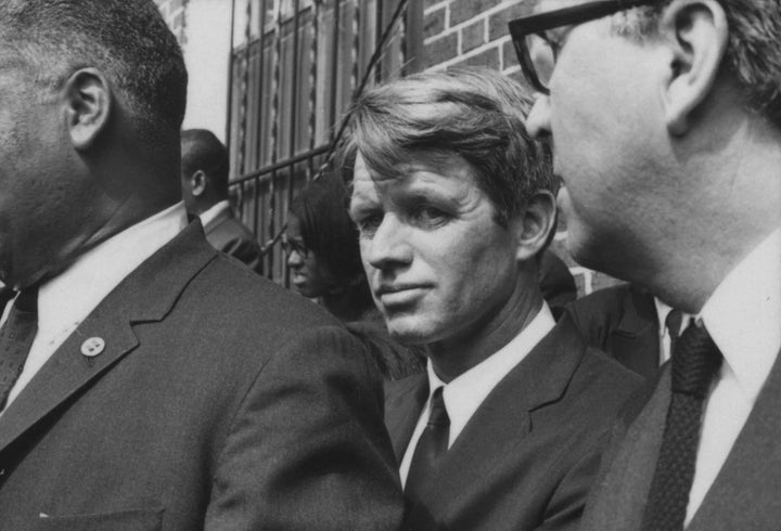 Robert F. Kennedy outside of Ebenezer Baptist Church, where the first memorial of the day was held for Dr. King.