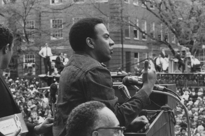 Andrew Young speaking at the public memorial for Dr. King at Morehouse College. 