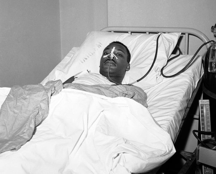 Martin Luther King Jr. recovers from surgery in bed at New York’s Harlem Hospital following an operation to remove steel letter opener from his chest after being stabbed by a mentally disturbed woman, Sept. 21, 1958.