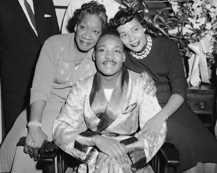 Dr. Martin Luther King, Jr., with his mother, Alberta Williams King, and his wife, Coretta Scott King, visiting King in Harlem Hospital as he recovers from a stabbing. 