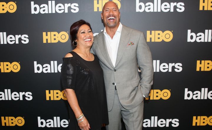 Johnson and his mother, Ata, attend the HBO "Ballers" Season 2 premiere on July 14, 2016, in Miami Beach, Florida.