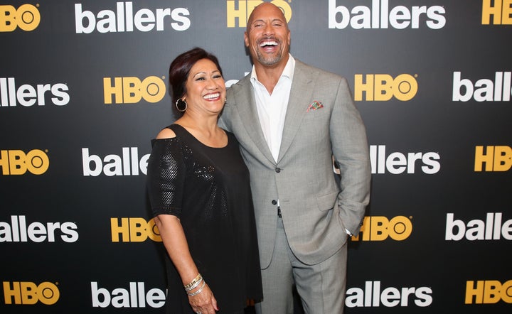 Johnson and his mother, Ata, attend the HBO "Ballers" Season 2 premiere on July 14, 2016, in Miami Beach, Florida.