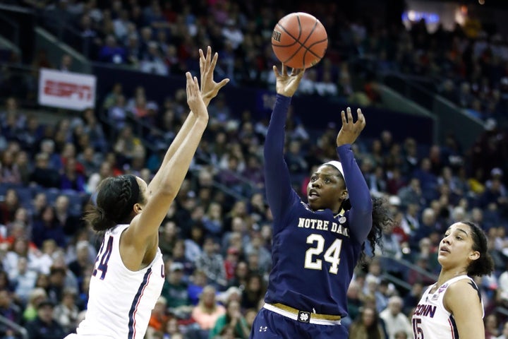 Arike Ogunbowale of Notre Dame takes a shot in the Final Four game against the University of Connecticut on March 30. Th