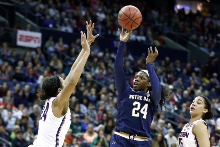 Arike Ogunbowale of Notre Dame takes a shot in the Final Four game against the University of Connecticut on March 30. The Fighting Irish won.