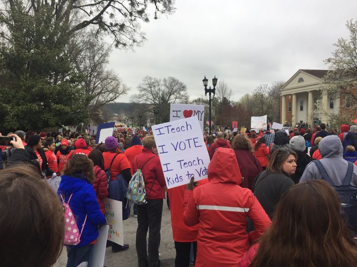 Teachers rally outside the Kentucky Education Association before marching to the state Capitol on April 2.