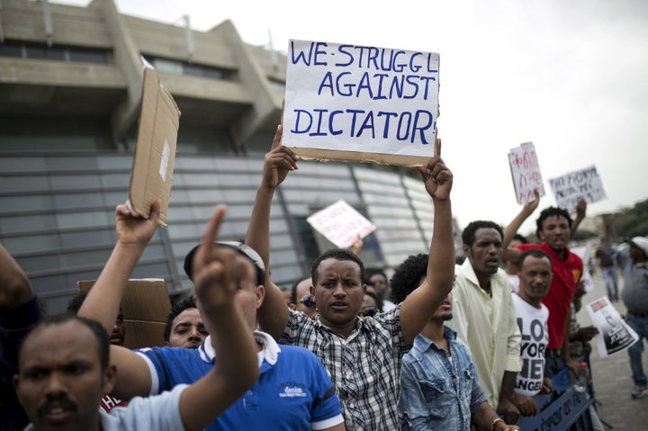 Eritrean refugees protest against the Eritrean government outside the nation's embassy in Tel Aviv, Israel, in 2015.