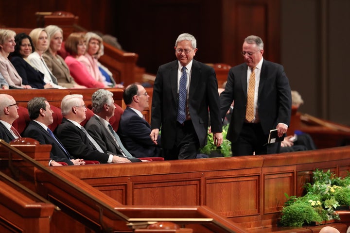 Gerrit W. Gong and Ulisses Soares take their seats after being confirmed as the newest members of the Quorum of the Twel