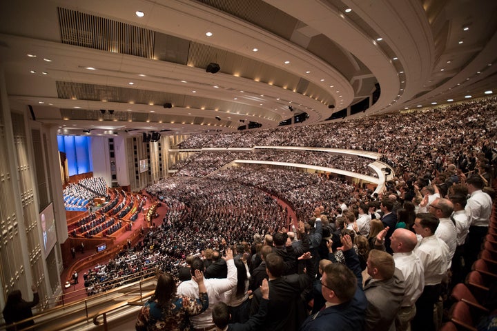 An assembly during the Mormon church's general conference on March 31, 2018.