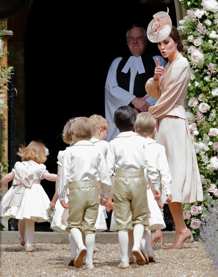 The Duchess of Cambridge ahead of the wedding of her sister Pippa Middleton and James Matthews in Englefield Green, on 20 May 2017. Prince George and Princess Charlotte were among the page boys and bridesmaids.