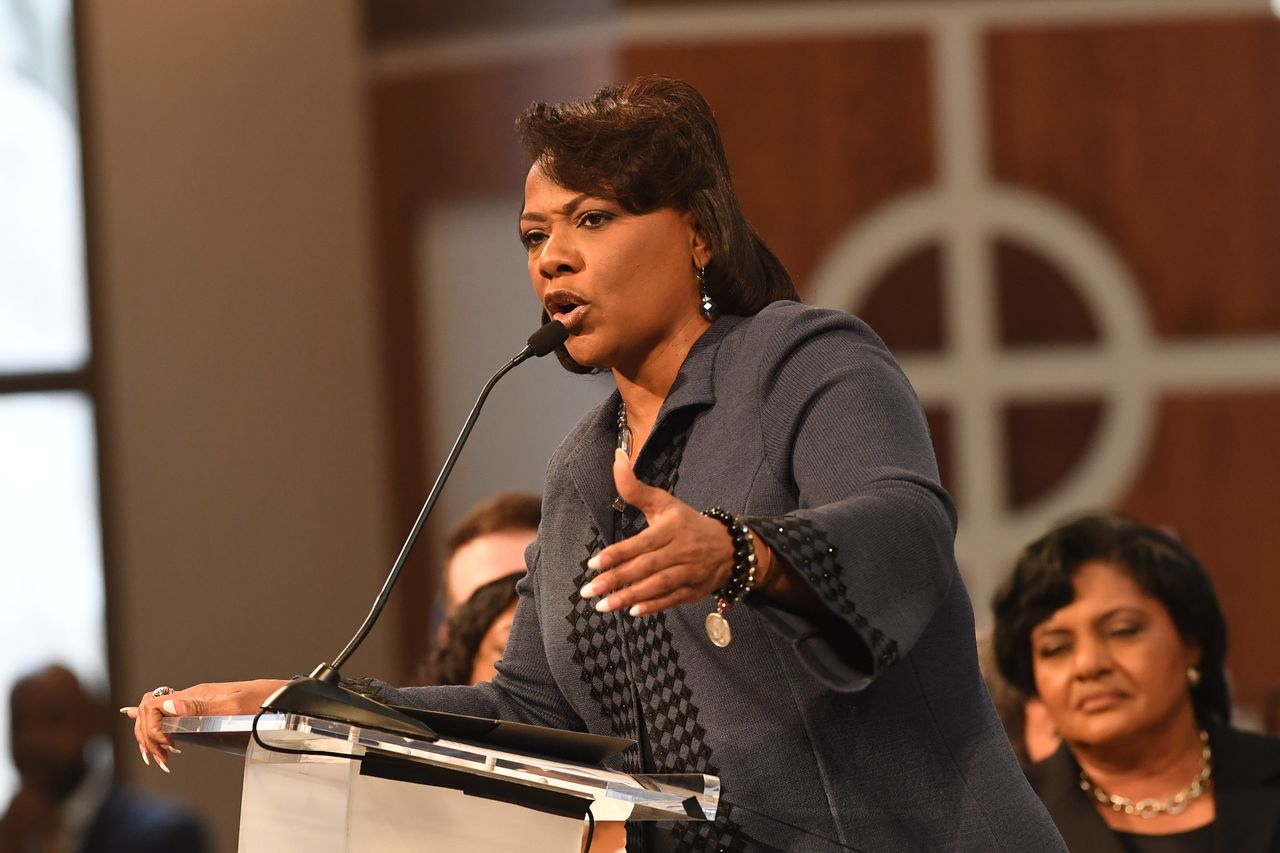 Bernice King speaks at the Martin Luther King Jr. annual commemorative service at Ebenezer Baptist Church on Jan. 16, 2017 in Atlanta.