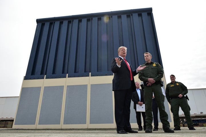 President Donald Trump inspects border wall prototypes in San Diego on March 13.