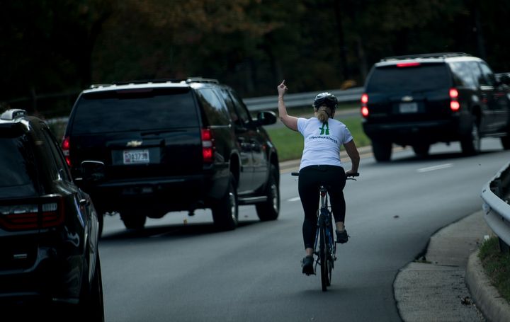 Juli Briskman gave the one-finger salute to President Donald Trump's motorcade last fall. The image went viral.