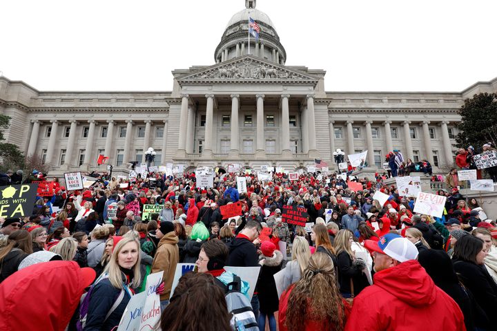 Thousands of Kentucky teachers protest pension and budget cuts at the state Capitol in Frankfort on Monday, April 2.