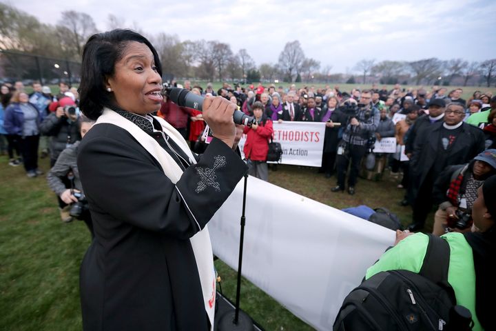 Rev. Dr. Leslie Copeland-Tune addresses faith leaders as they prepare for a silent march from the Martin Luther King Jr. Memorial to the National Mall on April 4, 2018, in Washington.