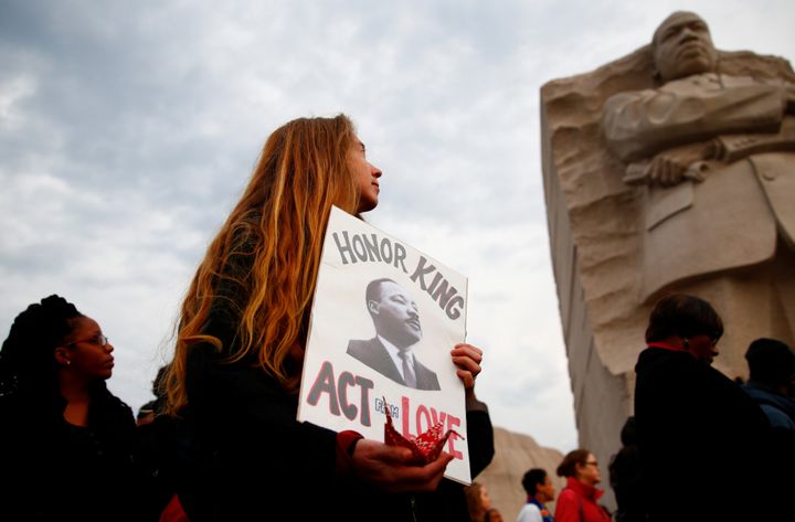 People begin their silent march from the Martin Luther King Jr. Memorial on April 4, 2018.