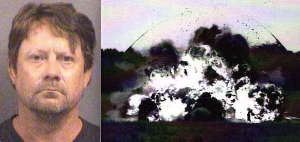 Patrick Stein is on trial in connection with an alleged terrorist plot targeting Muslim refugees in Garden City, Kansas. At right, the FBI conducted a test of what they say the bomb would have done to the apartment building.