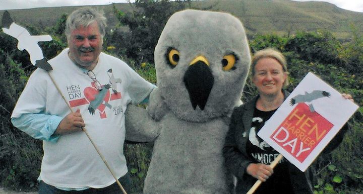 Campaigner Mark Avery and Natalie Bennett with "Henry Harrier" at Hen Harrier Day, Edale, 2016