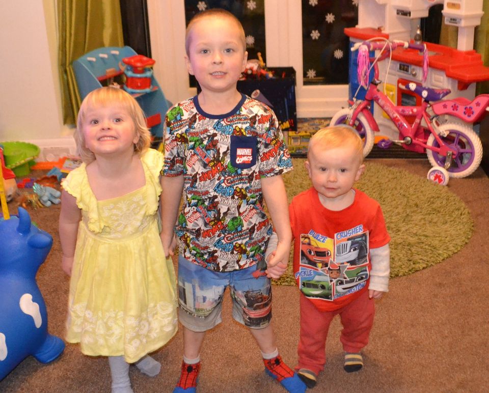 Zoe Keeling's three kids, (L-R) Chloe, three, Oliver, four, and Charlie, one, who never want to do the same thing at the same time.