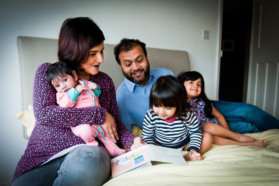 Yasmin Husain with her husband and their three kids, Ariana, four, Sabine, two, and Aydan, six months, who sometimes keep them up all night.