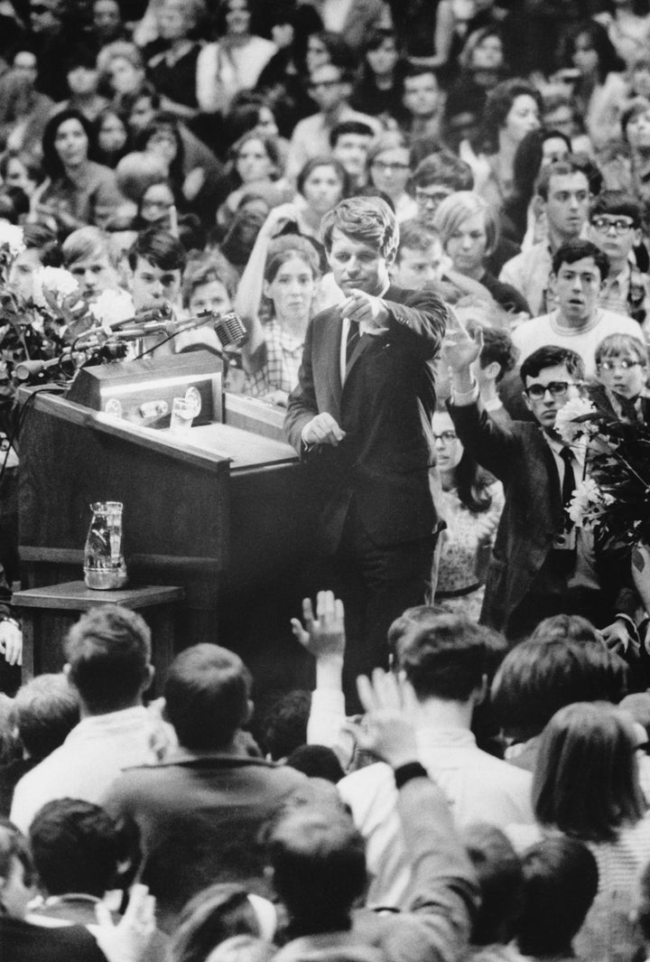 Robert F. Kennedy takes questions after giving his speech at the University of Kansas in March 1968.