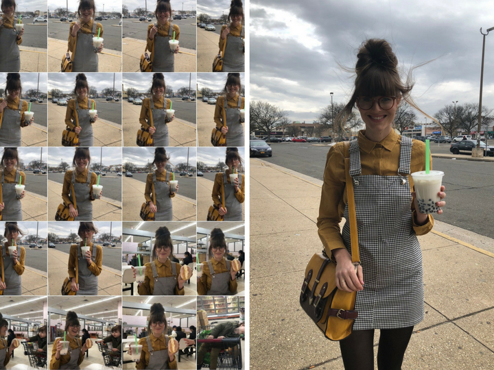 Left: Steffy Degreff's phone camera roll. Right: One of her outtakes, in which the wind had some fun with her hair.