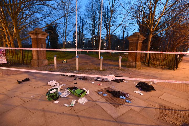 Bloodied clothes on the ground near the scene in Grove Road, Mile End