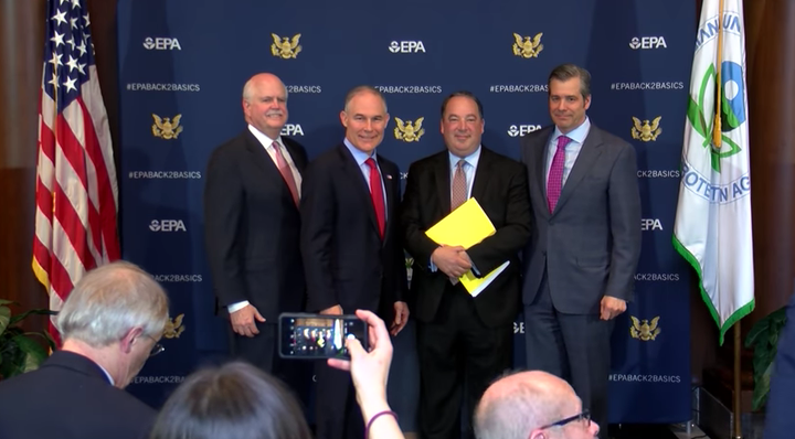 National Automobile Dealers Association President Peter Welch, Environmental Protection Agency Administrator Scott Pruitt, Auto Alliance President Mitch Bainwol and Association of Global Automakers President John Bozzella pose for a photo after Tuesday's press conference.