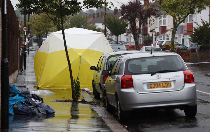 A police forensics tent at the scene where Goupall was stabbed in Thornton Heath, south London