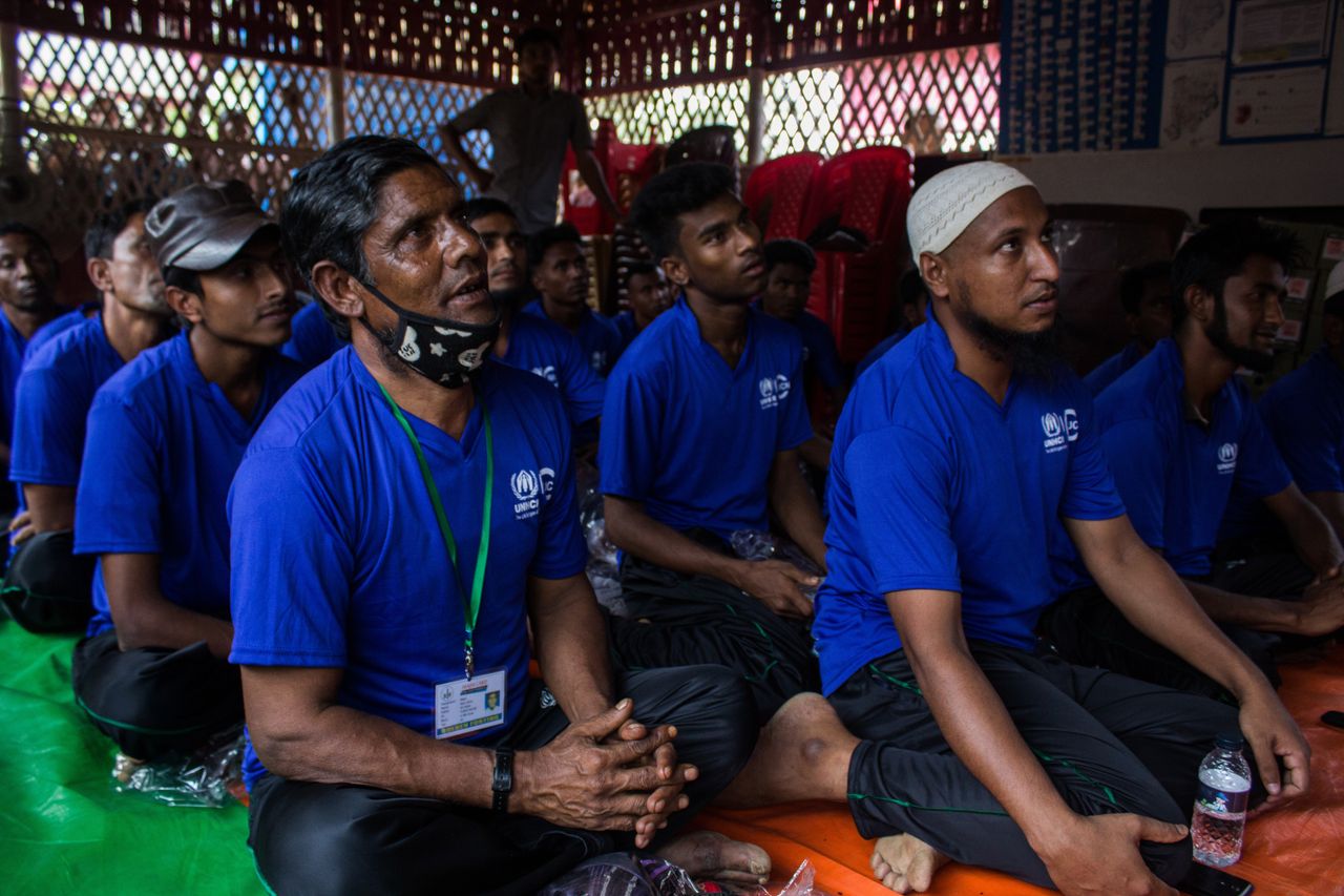 Rohingya refugees attend a training session on responding to elephants at Kutupalong in late March.