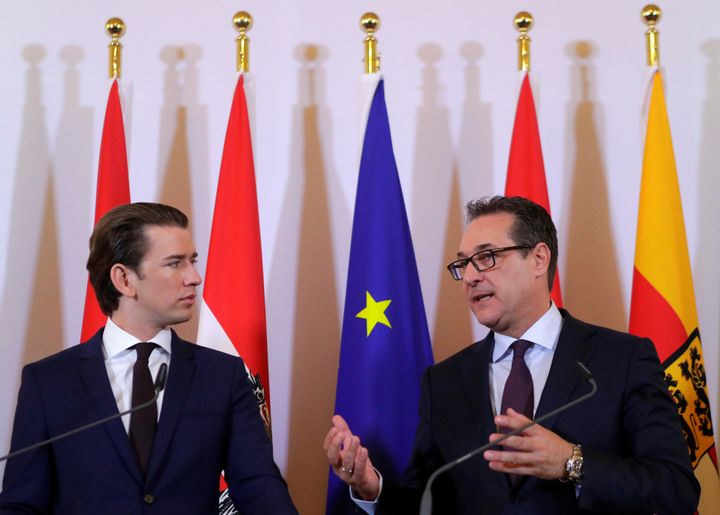 Austrian Chancellor Sebastian Kurz and Vice Chancellor Heinz-Christian Strache address the media after a Cabinet meeting in Vienna on April 4, 2018.