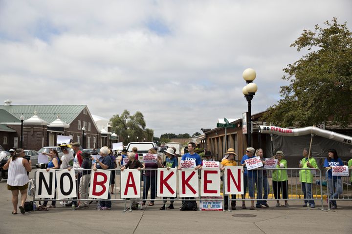 Demonstrators, including members of the "100 Grannies" group, protest the Dakota Access pipeline -- also known as the Bakken pipeline -- outside an event hosted by Sen. Joni Ernst (R-Iowa) in Des Moines in 2016.